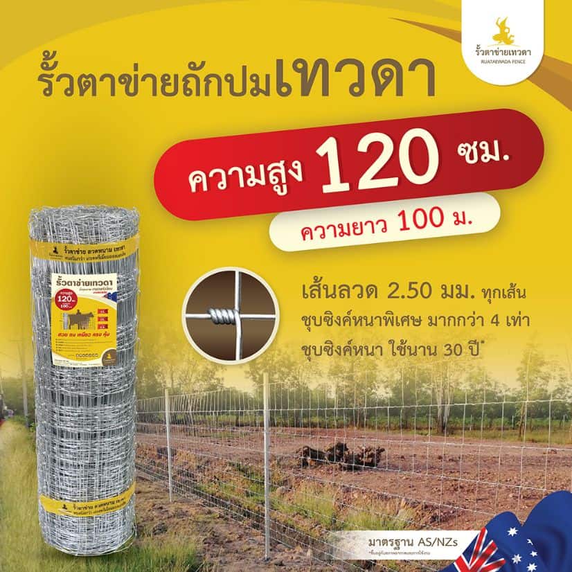 รั้วตาข่ายเทวดา รั้วตาข่ายถักปม ความสูง 120 ซม. ลวดหนา 2.5 มม. (ยาว 100 เมตร) [อายุการใช้งาน 40 ปี*]