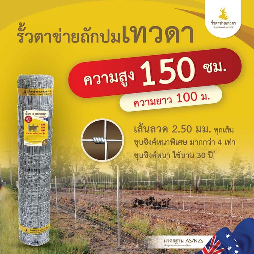 รั้วตาข่ายเทวดา รั้วตาข่ายถักปม ความสูง 150 ซม. ลวดหนา 2.5 มม. (ยาว 100 เมตร) [อายุการใช้งาน 40 ปี*]