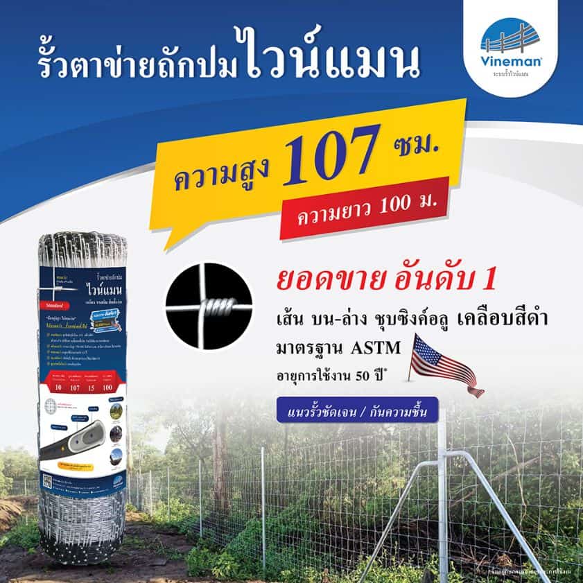 รั้วตาข่ายไวน์แมน รั้วตาข่ายถักปม – รุ่นความสูง 107 ซม.ลวดหนา 2.5 มม. (ยาว 100 เมตร) [อายุการใช้งาน 50 ปี*]