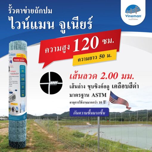 รั้วตาข่ายไวน์แมนจูเนียร์ รั้วตาข่ายถักปม – รุ่นความสูง 120 ซม.ลวดหนา 2.0 มม. (ยาว 50 เมตร) [อายุการใช้งาน 10 ปี*]